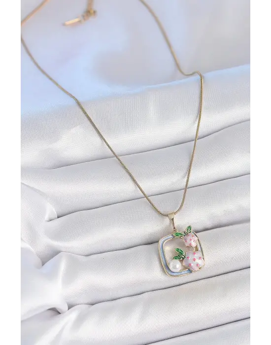 316L Çelik Gold Renk Zincir Mavi Mineli Kare Model Çiçek İşlemeli İnci Detay Kadın Kolye