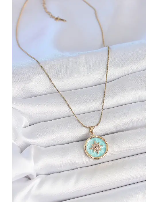 316L Çelik Gold Renk Zincir Mavi Mineli Zirkon Taşlı Kuzey Yıldız İşlemli Madalyon Model Kadın Kolye