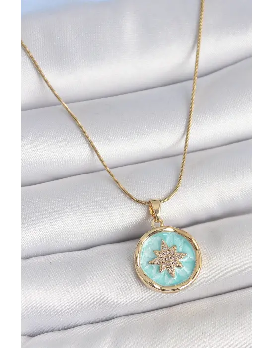 316L Çelik Gold Renk Zincir Mavi Mineli Zirkon Taşlı Kuzey Yıldız İşlemli Madalyon Model Kadın Kolye