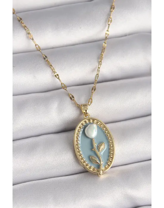  Altın  Zincir Mavi Portre Beyaz Gül İşleme  Çelik Kolye