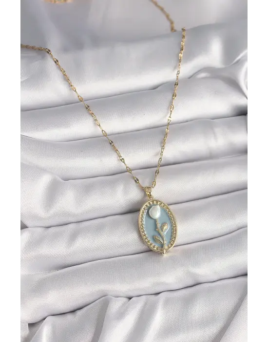  Altın  Zincir Mavi Portre Beyaz Gül İşleme  Çelik Kolye