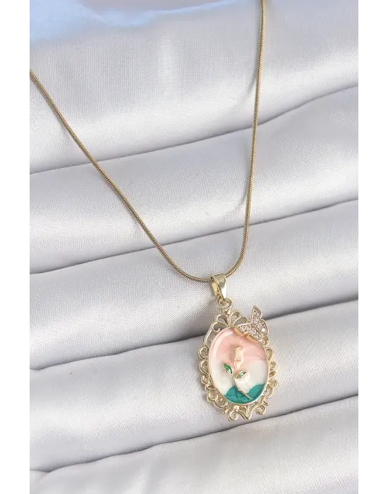 316L Çelik Gold Renk Zincir Mix Renk Çiçek İşlemeli Zirkon Taş Detaylı Portre Model Kadın Kolye