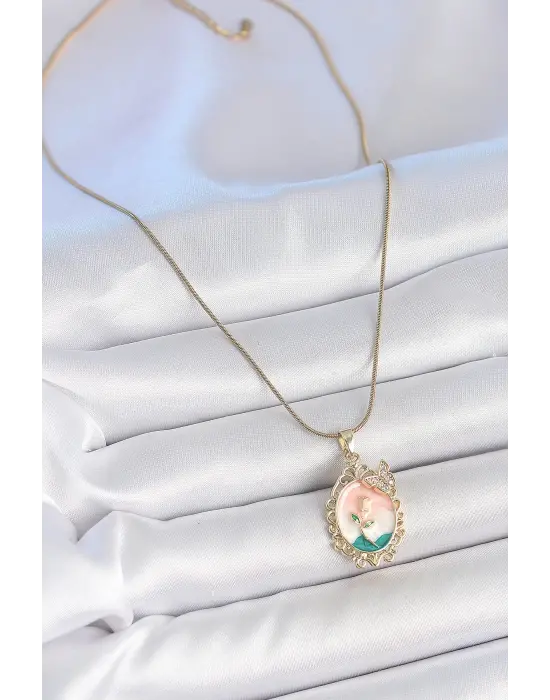 316L Çelik Gold Renk Zincir Mix Renk Çiçek İşlemeli Zirkon Taş Detaylı Portre Model Kadın Kolye