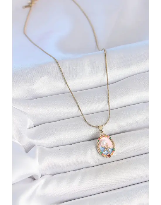 316L Çelik Gold Renk Zincir Mix Renk Deniz Yıldız İşlemeli İnci Detay Portre Model Kadın Kolye