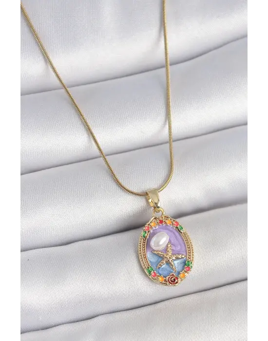 316L Çelik Gold Renk Zincir Mix Renk Deniz Yıldız İşlemeli Renki Çiçek Detay Portre Model Kadın Kolye