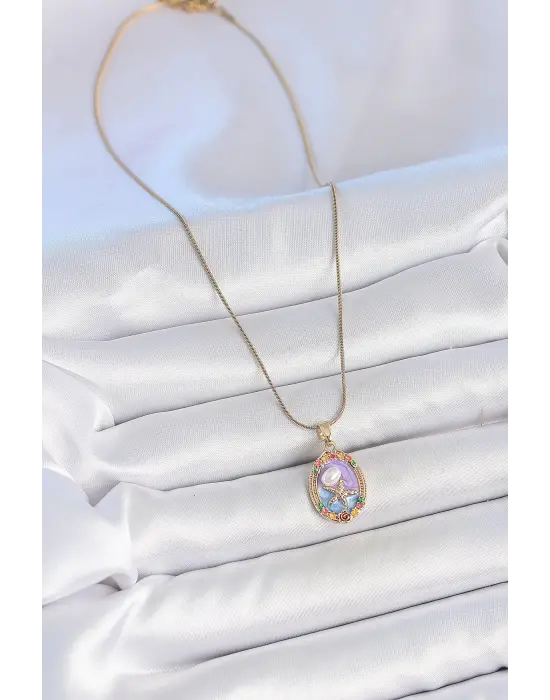 316L Çelik Gold Renk Zincir Mix Renk Deniz Yıldız İşlemeli Renki Çiçek Detay Portre Model Kadın Kolye