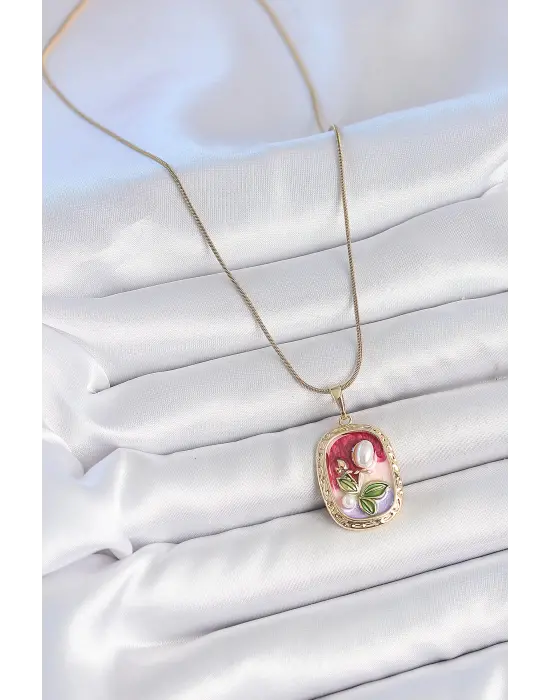 316L Çelik Gold Renk Zincir Mix Renk İncili Çiçek İşlemeli Portre Model Kadın Kolye