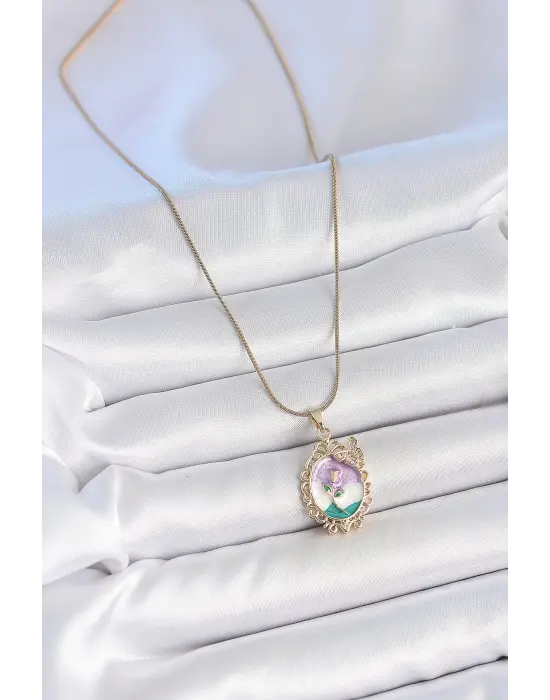 316L Çelik Gold Renk Zincir Mix Renk Mineli Çiçek İşlemeli Zirkon Taş Detaylı Portre Model Kadın Kolye