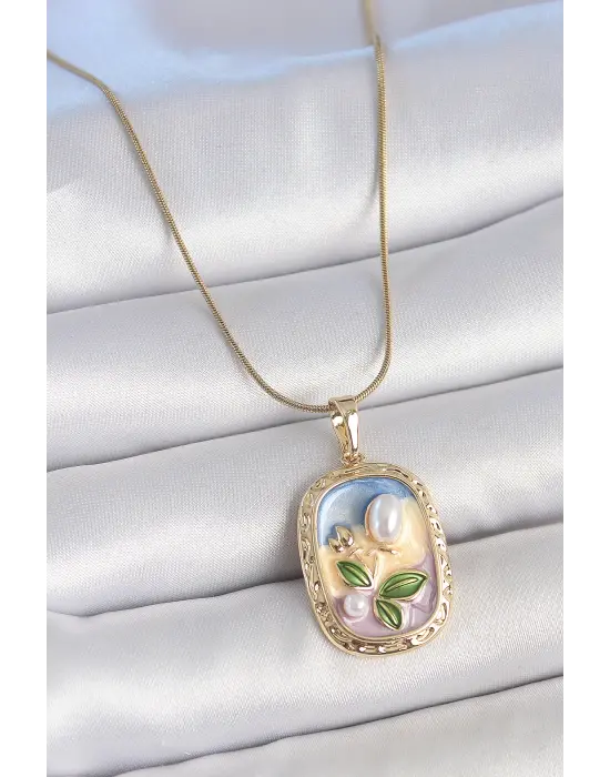 316L Çelik Gold Renk Zincir Mix Renk Mineli İnci Çiçek İşlemeli Portre Model Kadın Kolye