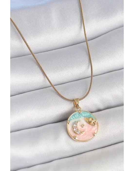 316L Çelik Gold Renk Zincir Mix Renk Mineli Zirkon Taşlı Gezegen İşlemeli Yıldız Detay Madalyon Model Kadın Kolye