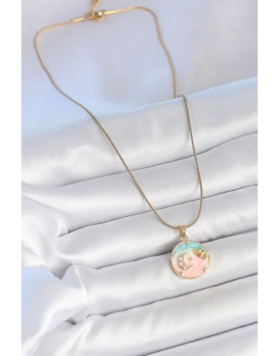 316L Çelik Gold Renk Zincir Mix Renk Mineli Zirkon Taşlı Gezegen İşlemeli Yıldız Detay Madalyon Model Kadın Kolye
