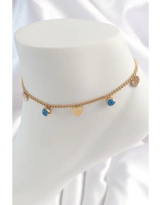 316L Çelik Gold Renk Zincir Model Kalp Figür Nazar Boncuk Detay Kadın HalHal