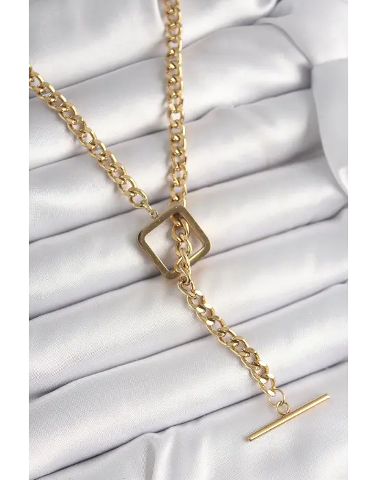 316L Çelik Gold Renk Zincir Model Kare Figür Kadın Kolye