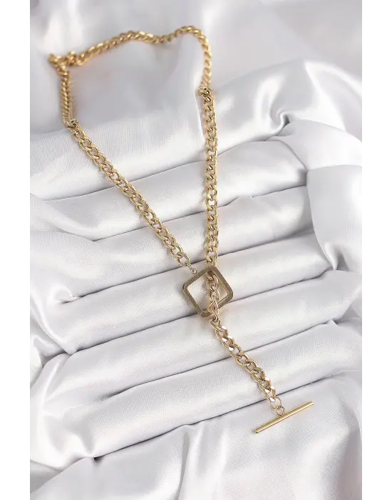 316L Çelik Gold Renk Zincir Model Kare Figür Kadın Kolye