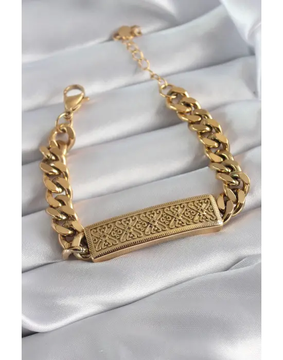 316L Çelik Gold Renk Zincir Model Motif İşleme Kadın Bileklik