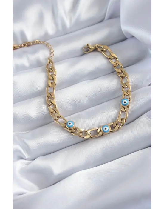 316L Çelik Gold Renk Zincir Model Nazar Boncuklu Kadın Bileklik