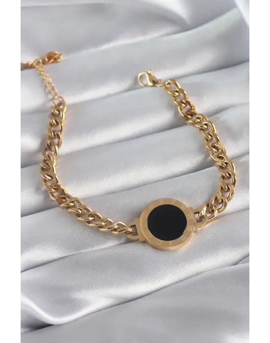 316L Çelik Gold Renk Zincir Model Romen Rakam İşleme Detay Kadın Bileklik