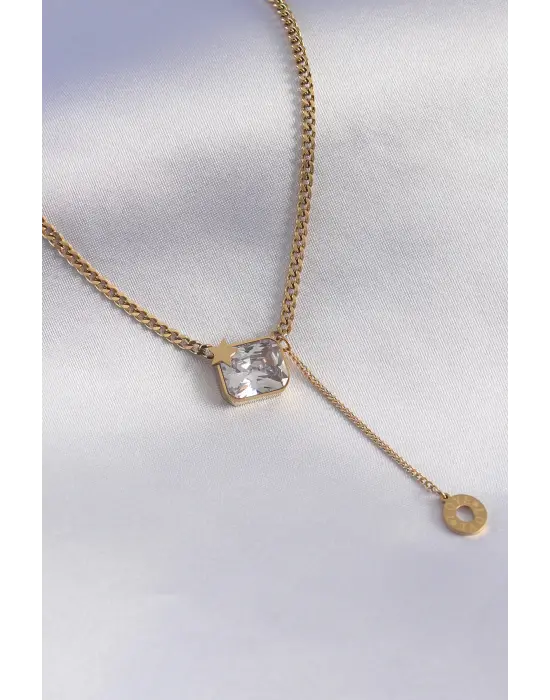  Altın  Zincir Model Zirkon Taşlı Yıldız Detay  Çelik Kolye