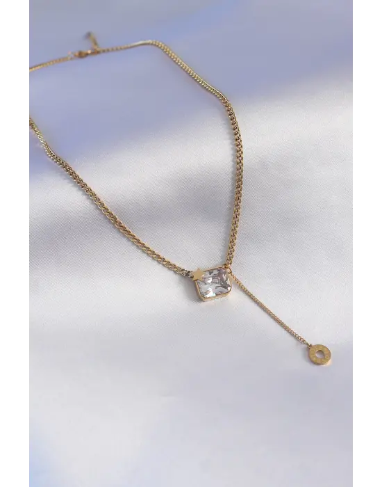  Altın  Zincir Model Zirkon Taşlı Yıldız Detay  Çelik Kolye