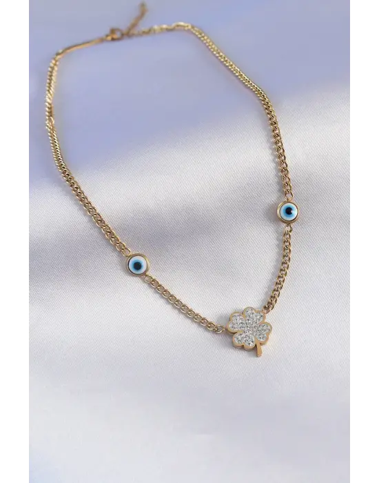 316L Çelik Gold Renk Zincir Model Zirkon Taşlı Yonca Figür Nazar Boncuk Detay Kadın Kolye