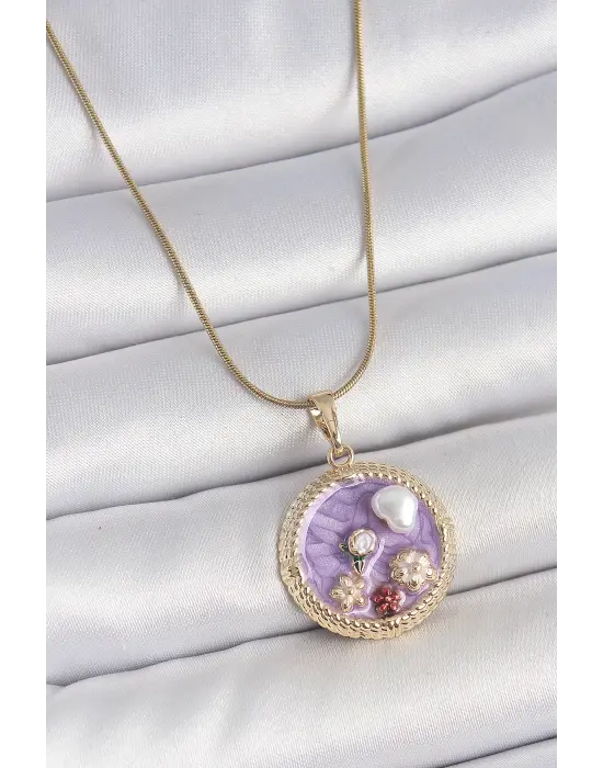 316L Çelik Gold Renk Zincir Mor Mineli İncili Çiçek İşlemeli Madalyon Model Kadın Kolye