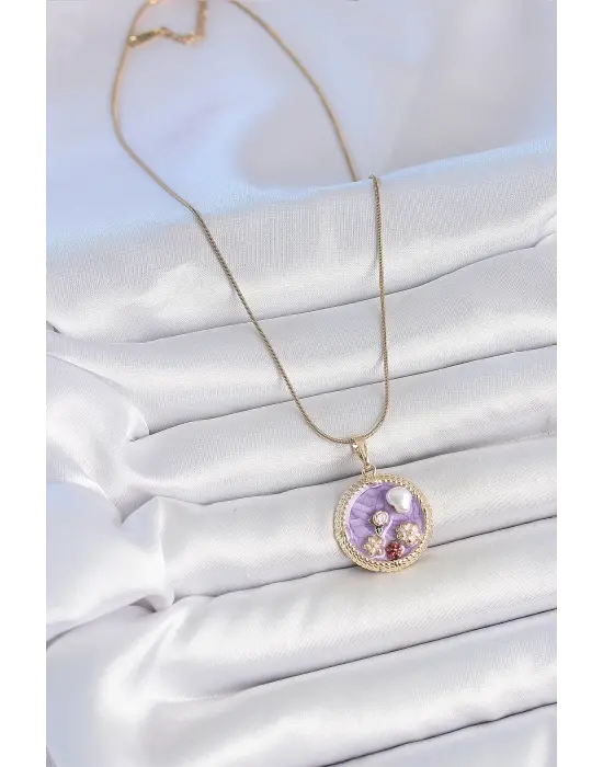 316L Çelik Gold Renk Zincir Mor Mineli İncili Çiçek İşlemeli Madalyon Model Kadın Kolye