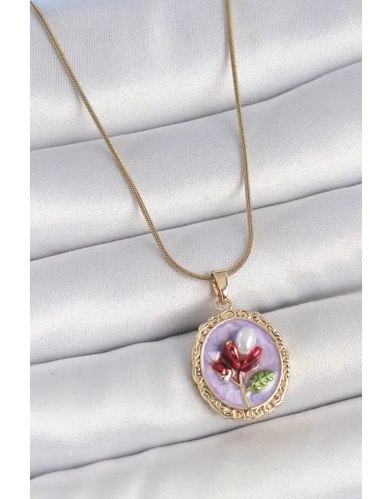 316L Çelik Gold Renk Zincir Mor Mineli İncili Çiçek İşlemeli Portre Model Kadın Kolye