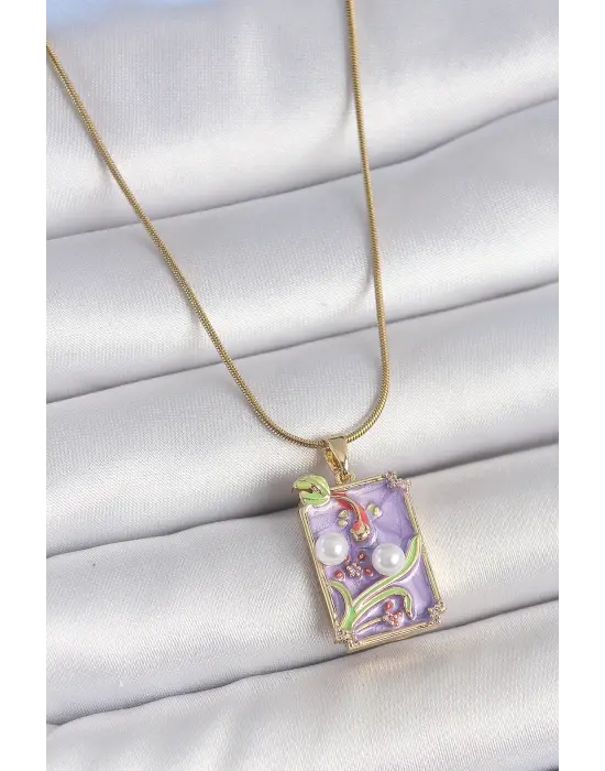 316L Çelik Gold Renk Zincir Mor Mineli İncili Çiçek İşlemeli Portre Model Kadın Kolye