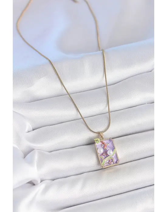 316L Çelik Gold Renk Zincir Mor Mineli İncili Çiçek İşlemeli Portre Model Kadın Kolye