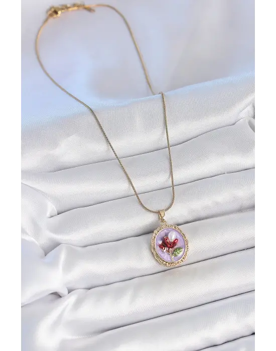 316L Çelik Gold Renk Zincir Mor Mineli İncili Çiçek İşlemeli Portre Model Kadın Kolye