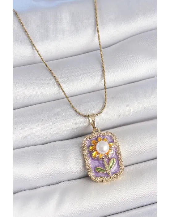 316L Çelik Gold Renk Zincir Mor Mineli İncili Papatya İşlemeli Portre Model Kadın Kolye
