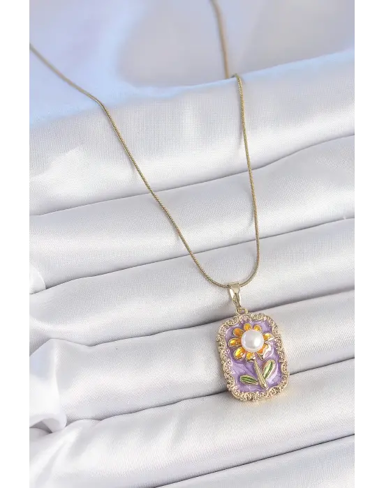 316L Çelik Gold Renk Zincir Mor Mineli İncili Papatya İşlemeli Portre Model Kadın Kolye