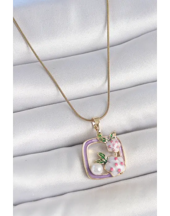 316L Çelik Gold Renk Zincir Mor Mineli Kare Model Çiçek İşlemeli İnci Detay Kadın Kolye