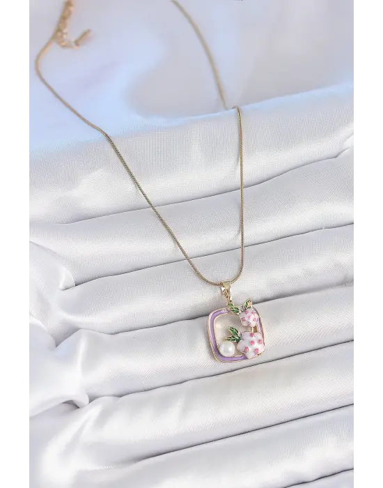 316L Çelik Gold Renk Zincir Mor Mineli Kare Model Çiçek İşlemeli İnci Detay Kadın Kolye