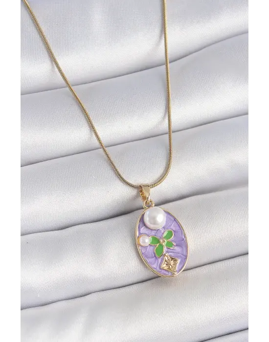 316L Çelik Gold Renk Zincir Mor Mineli Oval İncili Çiçek İşlemeli Portre Model Kadın Kolye