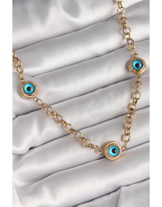  Altın  Zincir Nazar Boncuk Model  Çelik Kolye