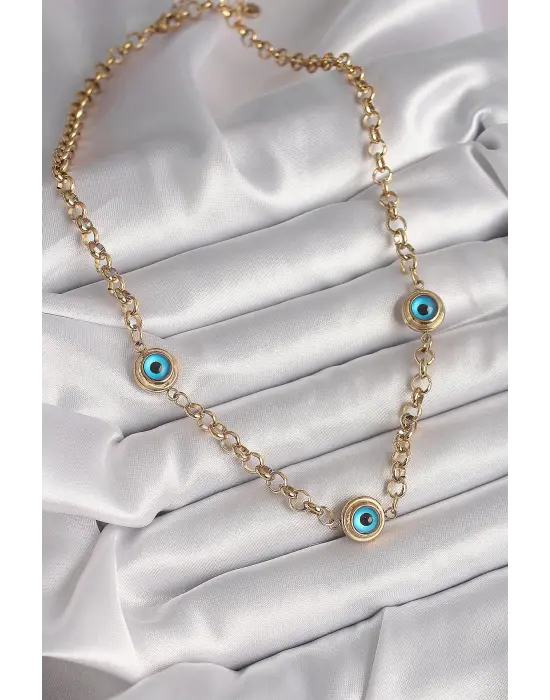  Altın  Zincir Nazar Boncuk Model  Çelik Kolye