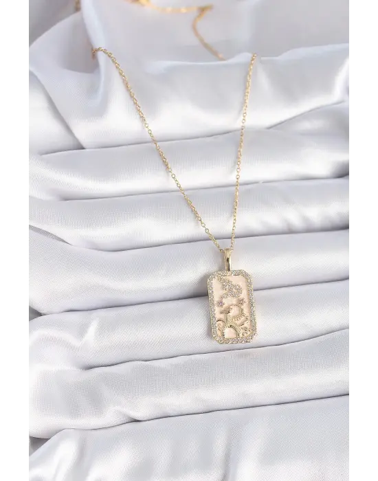  Altın  Zincir Oğlak Burcu Zirkon Taşlı  Çelik Kolye