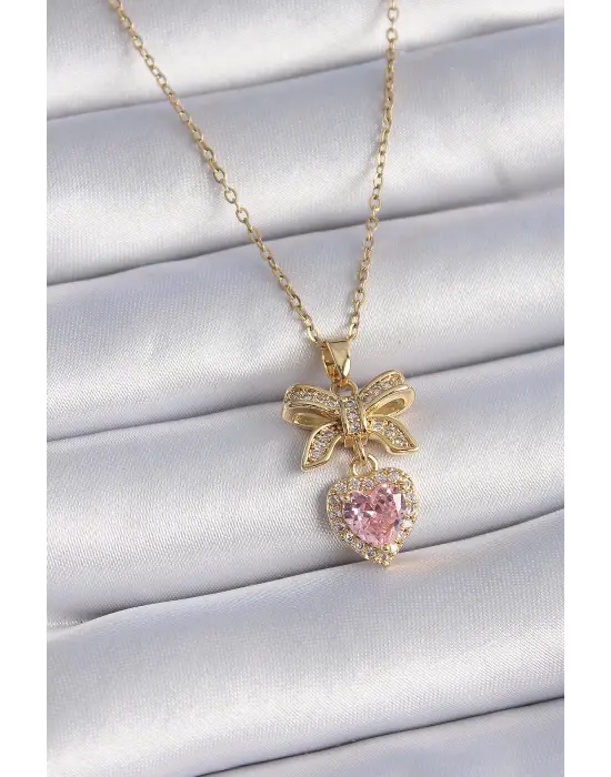  Altın  Zincir Pembe Kalpli Zirkon Taşlı Kurdele Model  Çelik Kolye