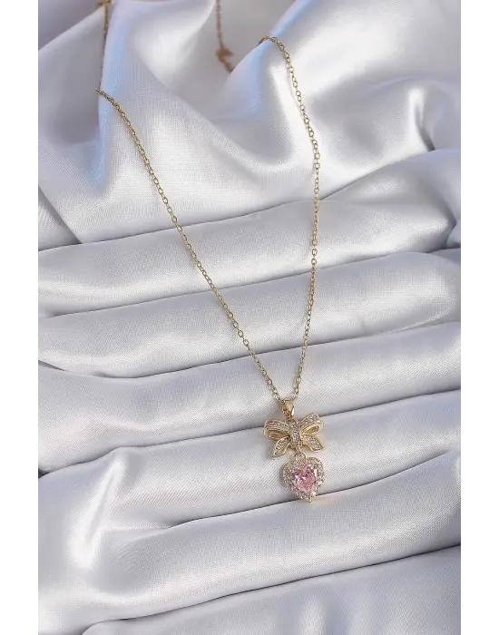  Altın  Zincir Pembe Kalpli Zirkon Taşlı Kurdele Model  Çelik Kolye