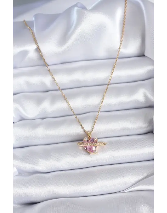  Altın  Zincir Pembe Kristal Kalp Model Zirkon Taş Detay  Çelik Kolye