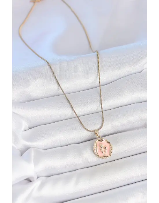 316L Çelik Gold Renk Zincir Pembe Mineli Çiçek İşlemeli Portre Model Kadın Kolye