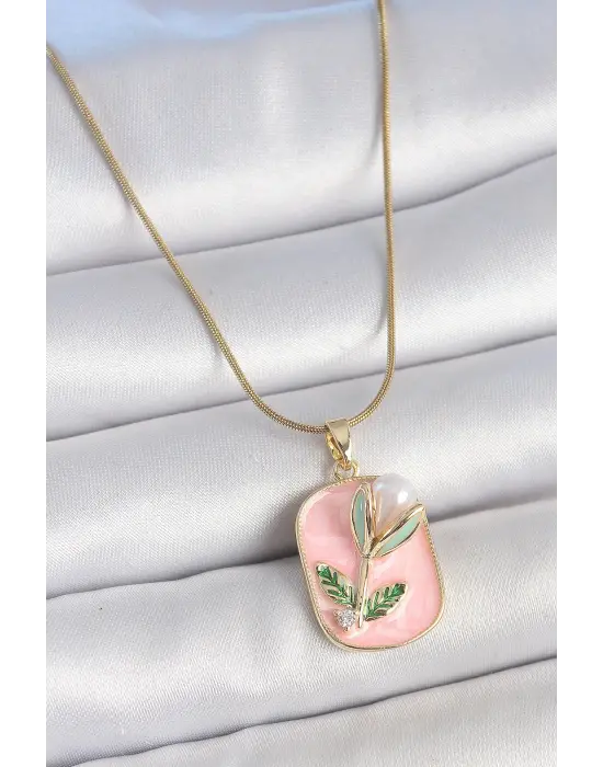 316L Çelik Gold Renk Zincir Pembe Mineli İncili Çiçek İşlemeli Portre Model Kadın Kolye