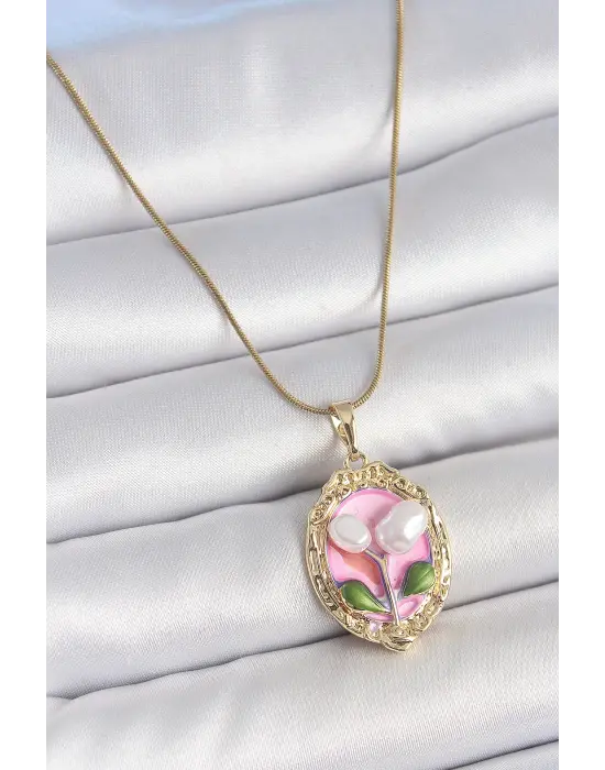 316L Çelik Gold Renk Zincir Pembe Mineli İncili Çiçek İşlemeli Portre Model Kadın Kolye