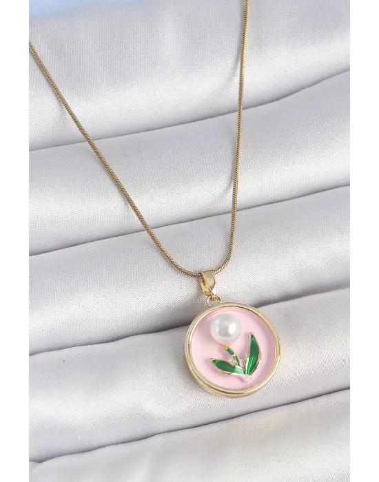 316L Çelik Gold Renk Zincir Pembe Mineli İncili Çiçek İşlemeli Portre Model Kadın Kolye