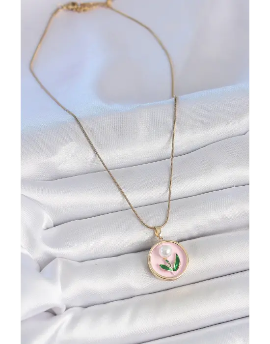 316L Çelik Gold Renk Zincir Pembe Mineli İncili Çiçek İşlemeli Portre Model Kadın Kolye