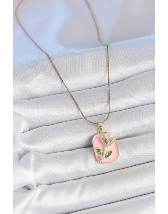 316L Çelik Gold Renk Zincir Pembe Mineli İncili Çiçek İşlemeli Portre Model Kadın Kolye