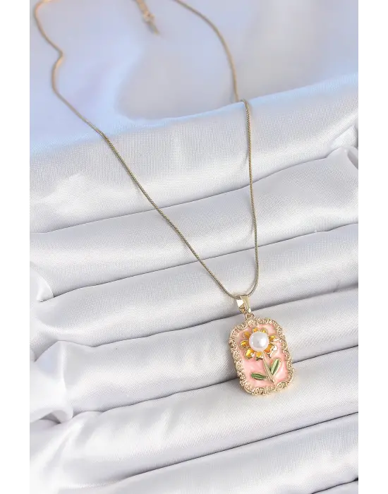 316L Çelik Gold Renk Zincir Pembe Mineli İncli Papatya Model Portre Model Kadın Kolye