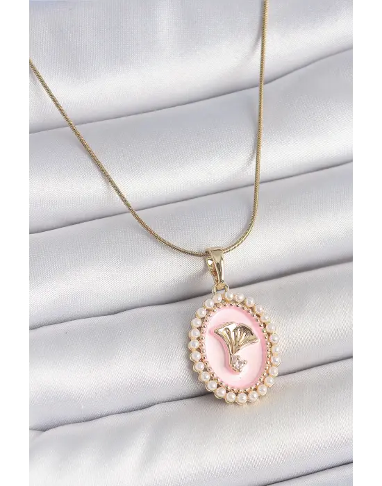 316L Çelik Gold Renk Zincir Pembe Mineli İncli Zirkon Taşlı Çiçek İşlemeli Portre Model Kadın Kolye