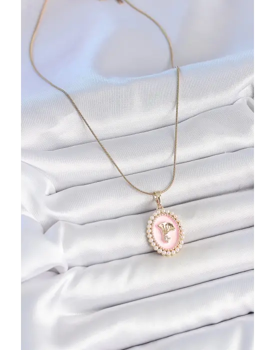 316L Çelik Gold Renk Zincir Pembe Mineli İncli Zirkon Taşlı Çiçek İşlemeli Portre Model Kadın Kolye
